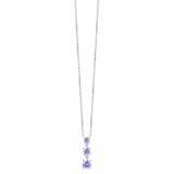 Silver-toned steel necklace with three graduated round purple zircons set in a vertical drop pendant.