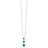 Silver-toned steel necklace with three graduated square-cut green zircons in prong settings, arranged vertically.