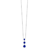 Silver-toned steel necklace with three graduated round-cut blue zircons in a drop pendant.