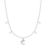 Silver-toned steel necklace with a central moon charm featuring a white zircon, and multiple small star charms.