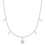 Silver-toned steel necklace with a delicate chain, featuring small star and crescent moon charms, and a central star charm wi