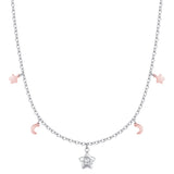 Silver-toned steel necklace with rose-toned moon and star charms, and a central silver-toned star charm with a white zircon.
