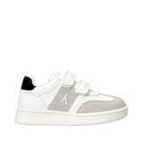Calvin Klein Kids low-cut sneaker in white, light grey, and black with two white velcro straps and a white sole.