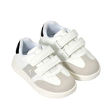 Pair of white low-cut sneakers with three velcro straps, grey toe and side panels, black heel collar, and a grey CK logo on t