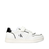 White low-cut Calvin Klein Kids sneaker with black accents, featuring laces and a single Velcro strap closure.