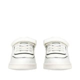 Pair of white low-cut sneakers with white laces, a velcro strap, and black stripe details.