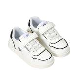 Pair of white low-cut sneakers with black heel collars, black trim, white laces, and a velcro strap. 'CK' logo on tongue and
