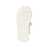 Bottom view of a white sneaker. The off-white sole has a textured 'CK' logo pattern, 'Calvin Klein' text, and a '28' size mar