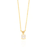 Gold-toned delicate chain necklace with a round, brilliant-cut clear stone pendant and a small embellished bail.