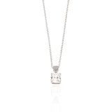 Silver-toned chain necklace with a square-cut clear stone pendant, suspended from a small, embellished bail.