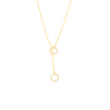Gold-toned Y-drop necklace with two round, pavé-set crystal embellished elements on a delicate chain.