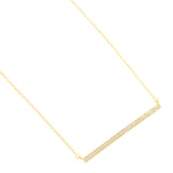 Gold-toned fine link chain necklace with a horizontal bar pendant embellished with two rows of clear crystals.