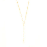Gold-toned Y-shape lariat necklace with clear, faceted crystal-like beads spaced along the delicate chain.