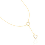 Gold-toned Y-drop necklace with two heart-shaped pendants, both outlined with clear pavé-set embellishments.