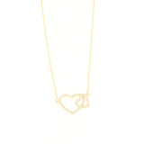 Gold-toned delicate chain necklace with two interlocking heart pendants, both embellished with clear crystals.