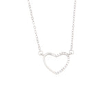 Silver-toned necklace with an open heart pendant, half of which is embellished with clear zircon stones, on a fine link chain