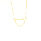 Gold-toned link chain necklace with an open heart pendant. The right side of the heart outline is embellished with clear ston