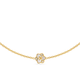 Gold-toned long chain necklace with a white mother of pearl flower pendant featuring a gold-toned interlocking letter logo.