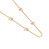 Long gold-toned chain necklace with four white iridescent mother-of-pearl flower motifs, each with a gold-toned center bead.