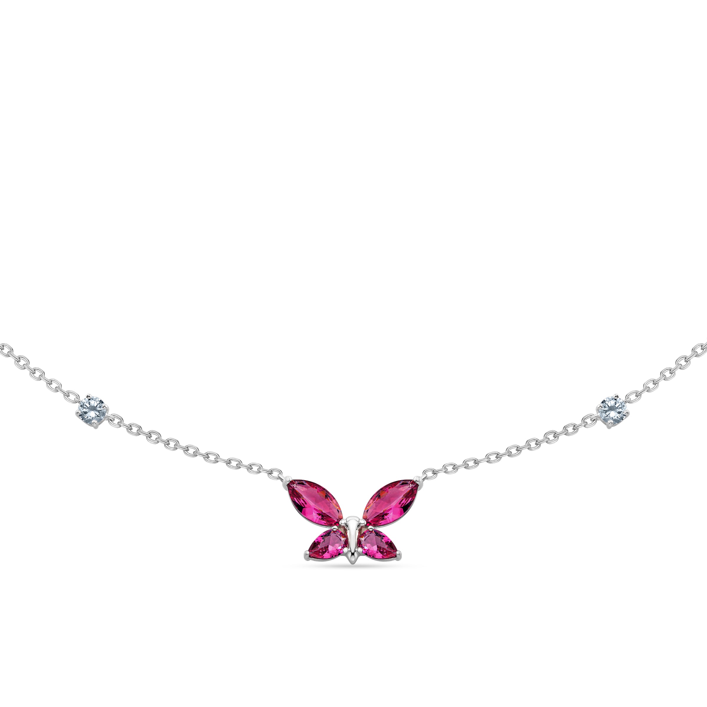 Silver-toned necklace with a fuchsia faceted stone butterfly pendant and two small clear faceted stones on the chain.