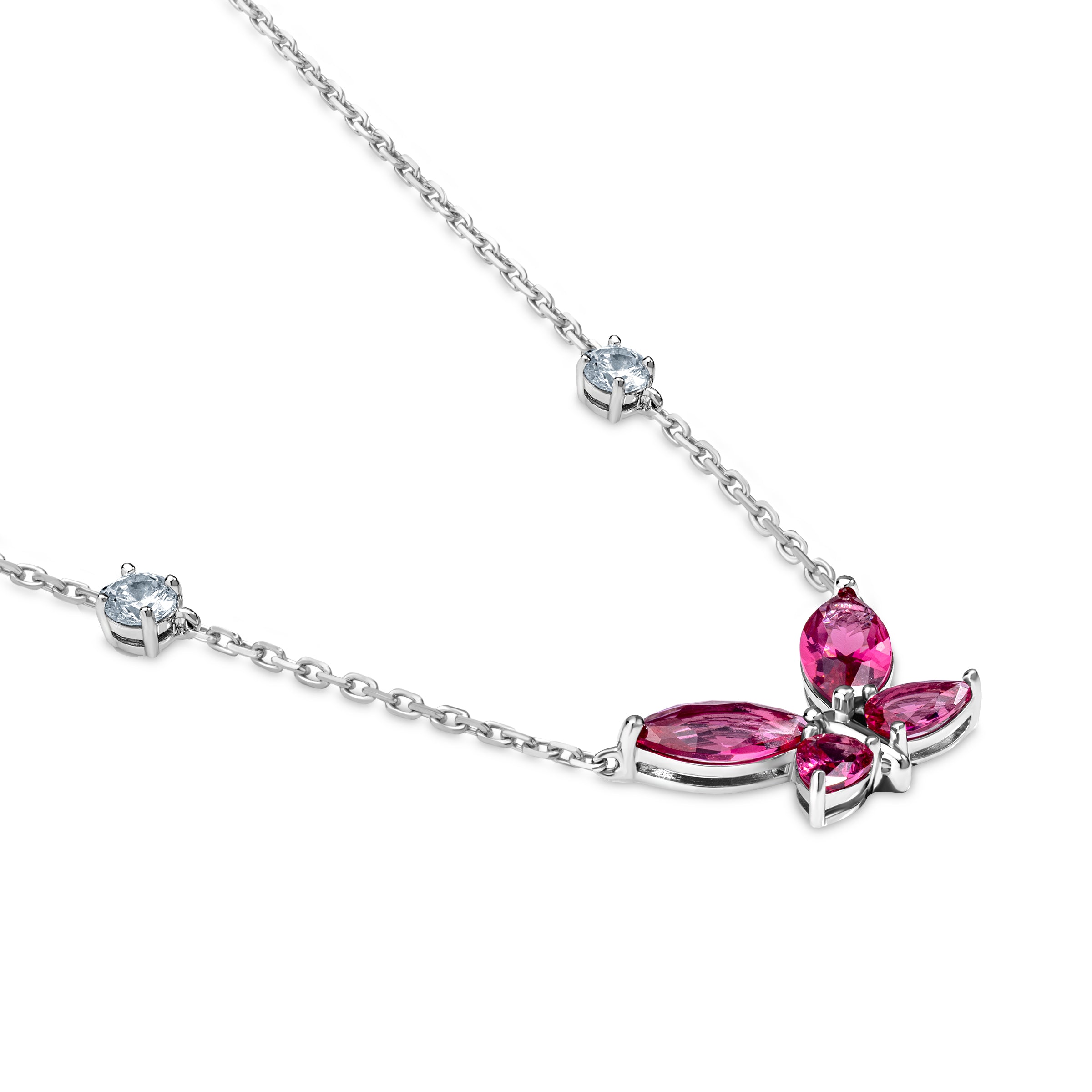 Silver-toned chain necklace with a butterfly pendant featuring four pink marquise stones. Two round light blue stones are spa