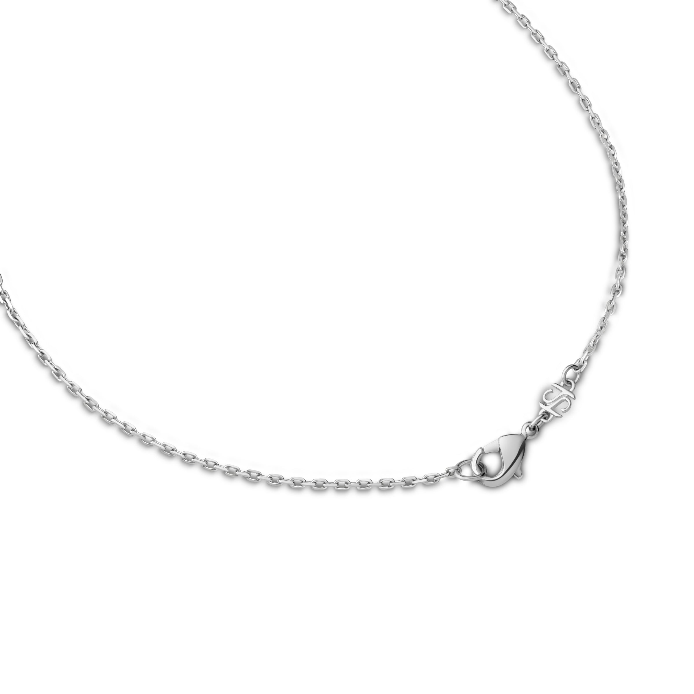 Silver-toned delicate chain necklace with small oval links, a lobster clasp, and a small decorative tag with an intertwined '