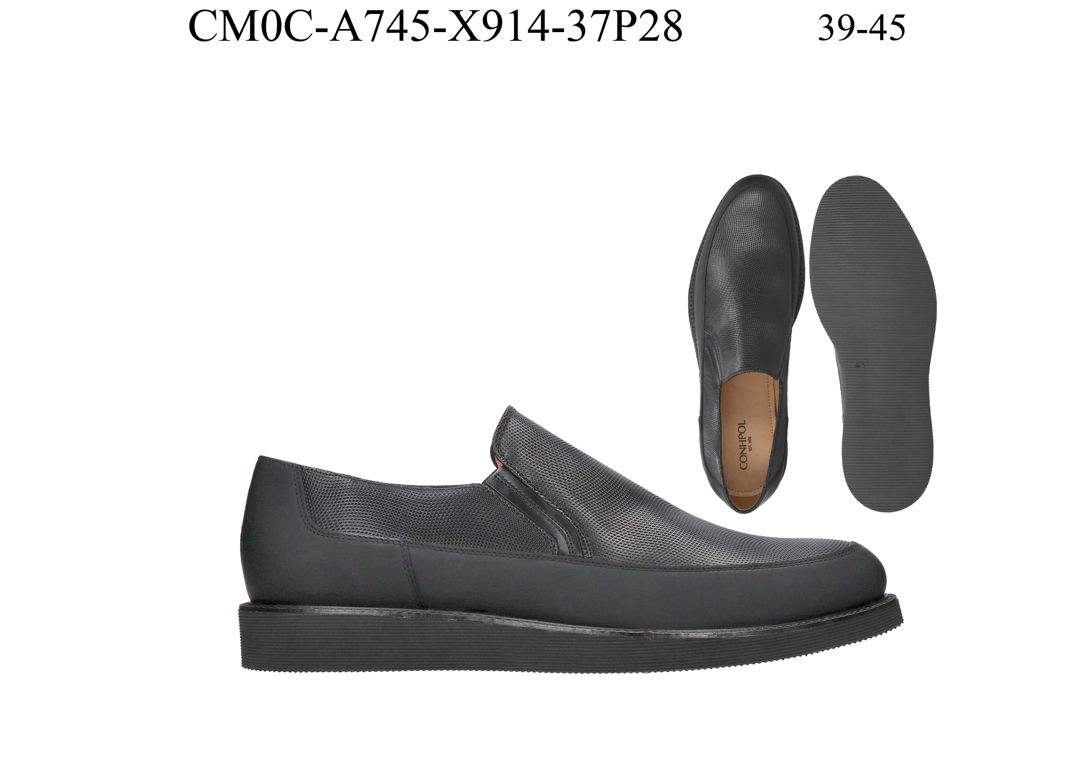 Black slip-on shoes with a perforated upper, smooth toe cap, and thick ridged sole.