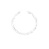 Silver-toned Figaro chain bracelet featuring alternating sets of three small oval links and one long flat link, with a lobste