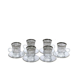 Combi Silver Patterned Glass Tea Cup Set with Saucers (Set of 6)