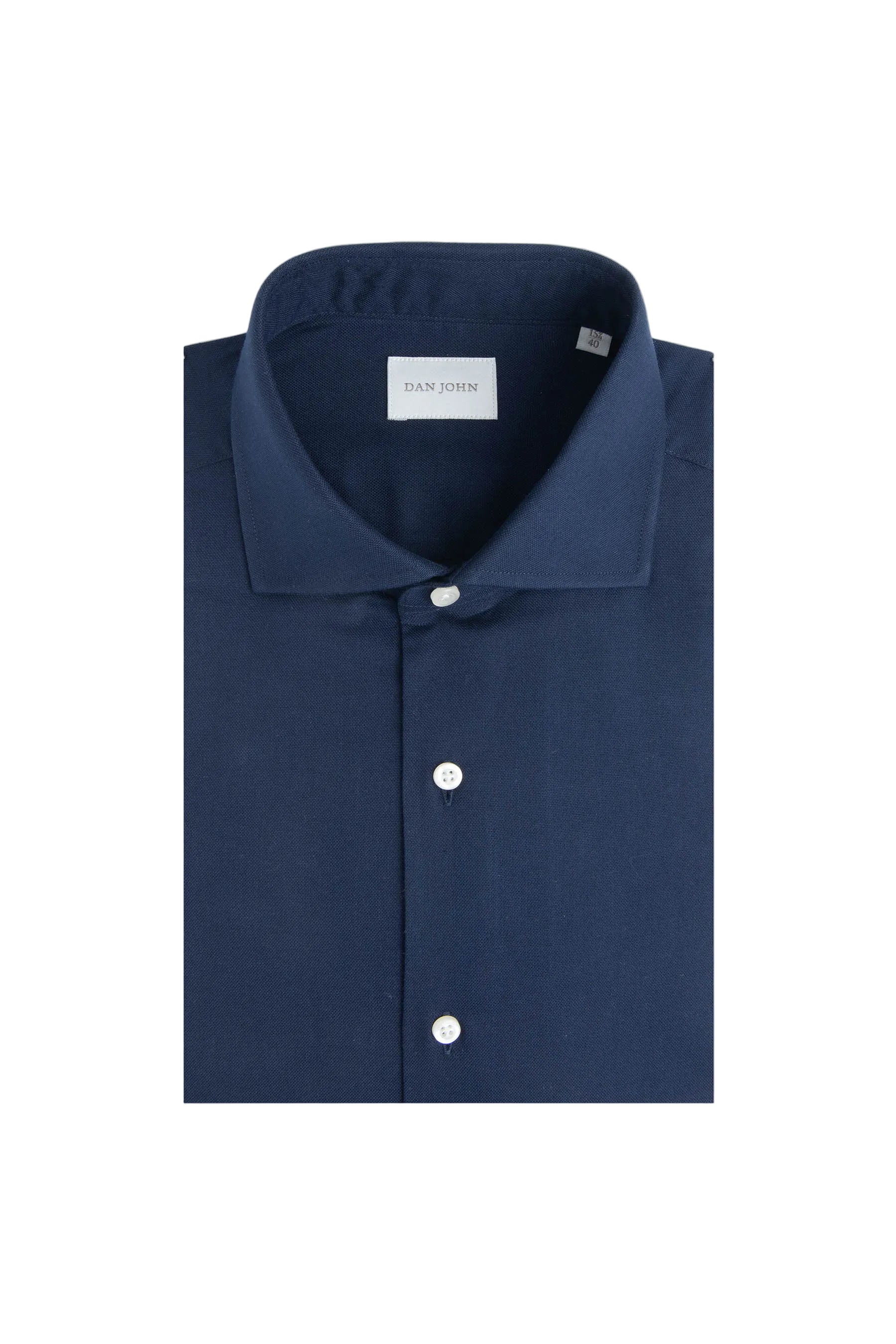 Dark blue collared shirt with a subtle textured weave, featuring a spread collar and white buttons on the front placket.