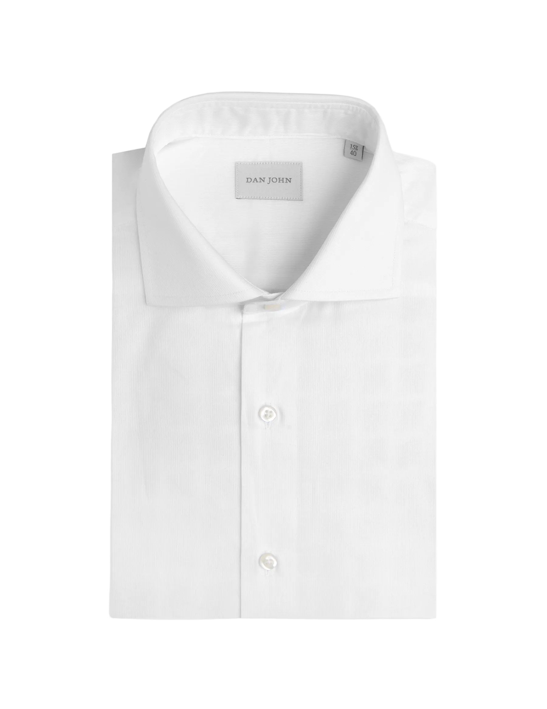 White dress shirt, folded, with a subtle vertical textured weave, spread collar, and white buttons.