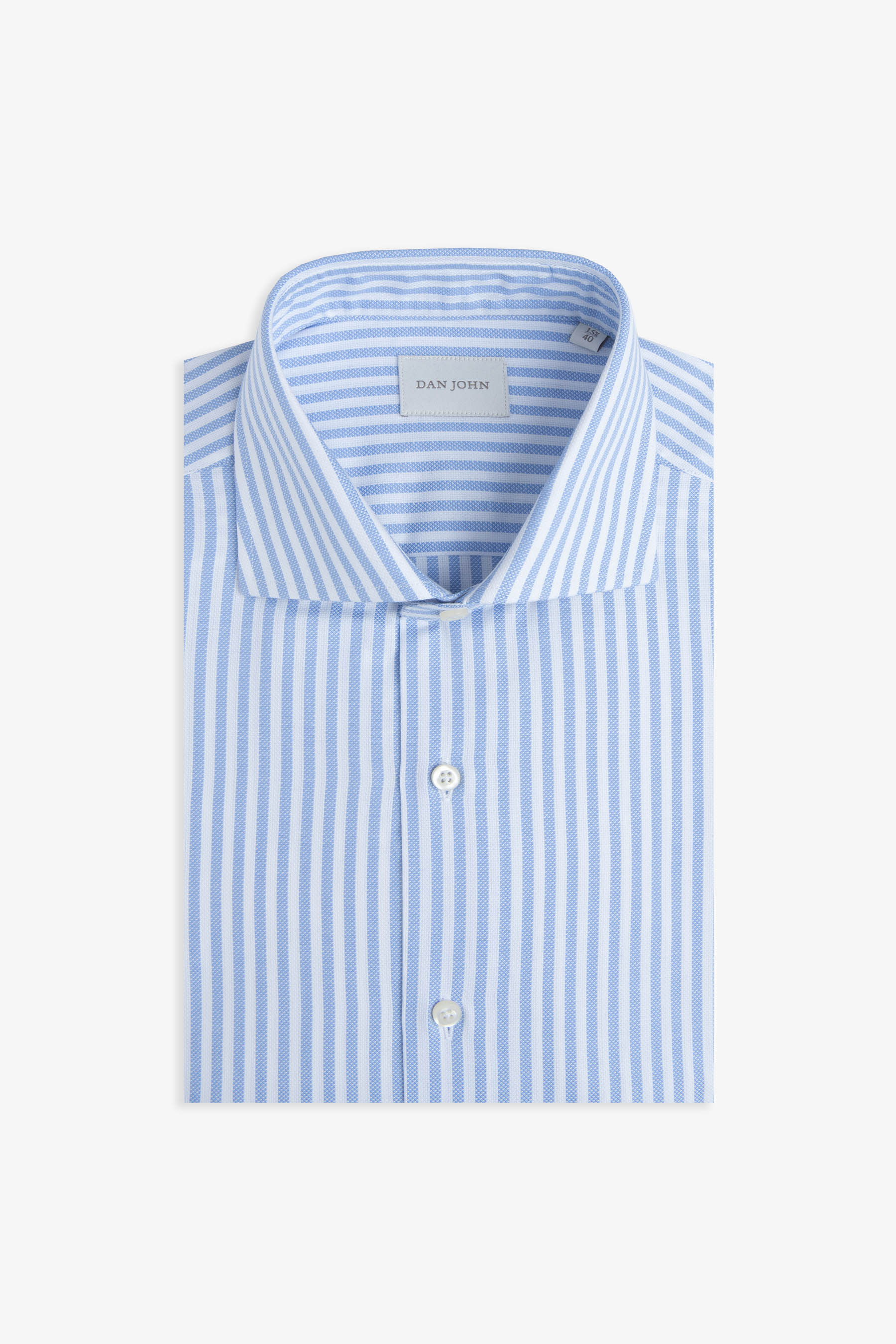 Light blue and white striped men's long-sleeved shirt, folded flat, showing the cutaway collar and front button placket.