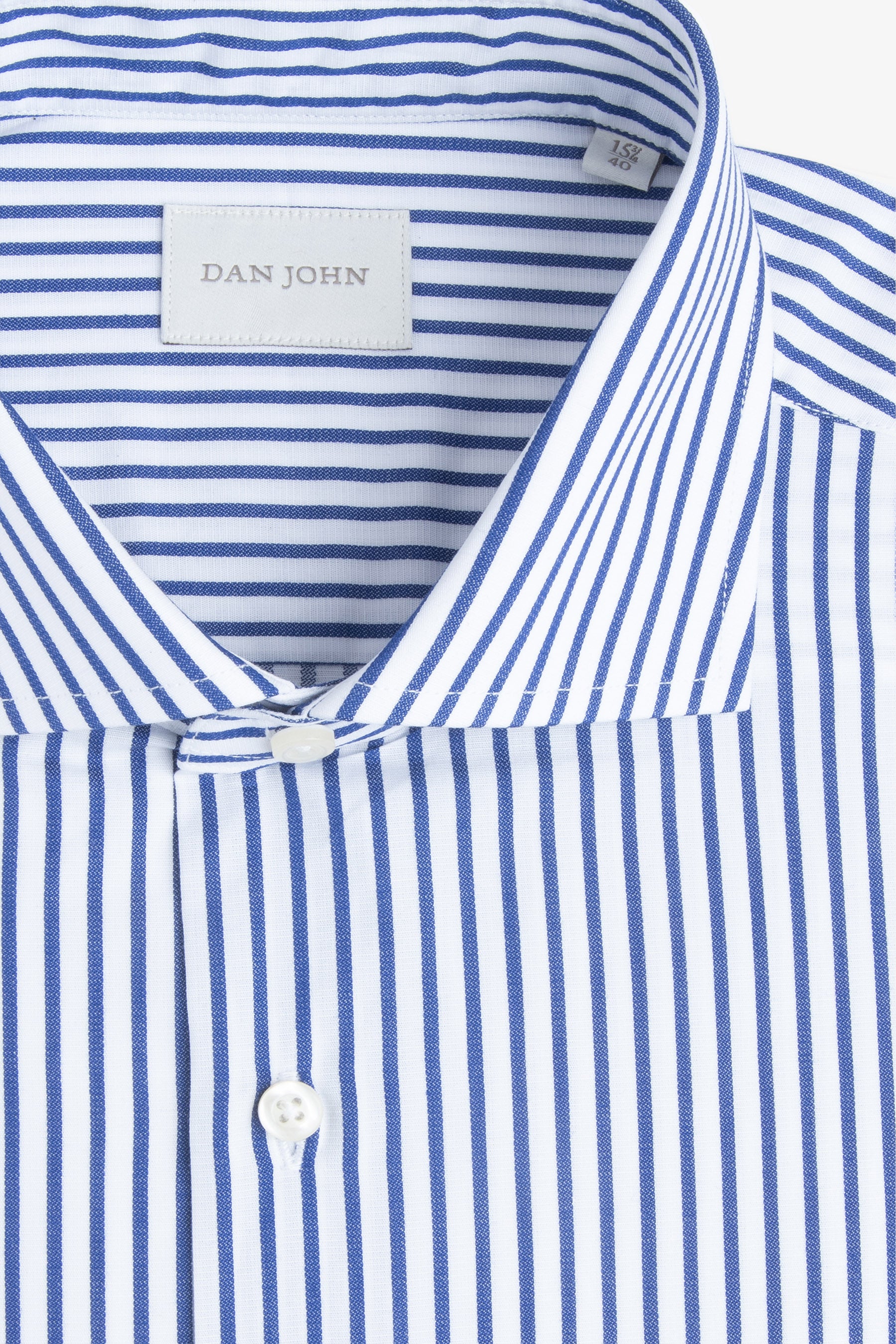 Royal blue and white vertical striped shirt with a spread collar, white buttons, and a 'DAN JOHN' label.