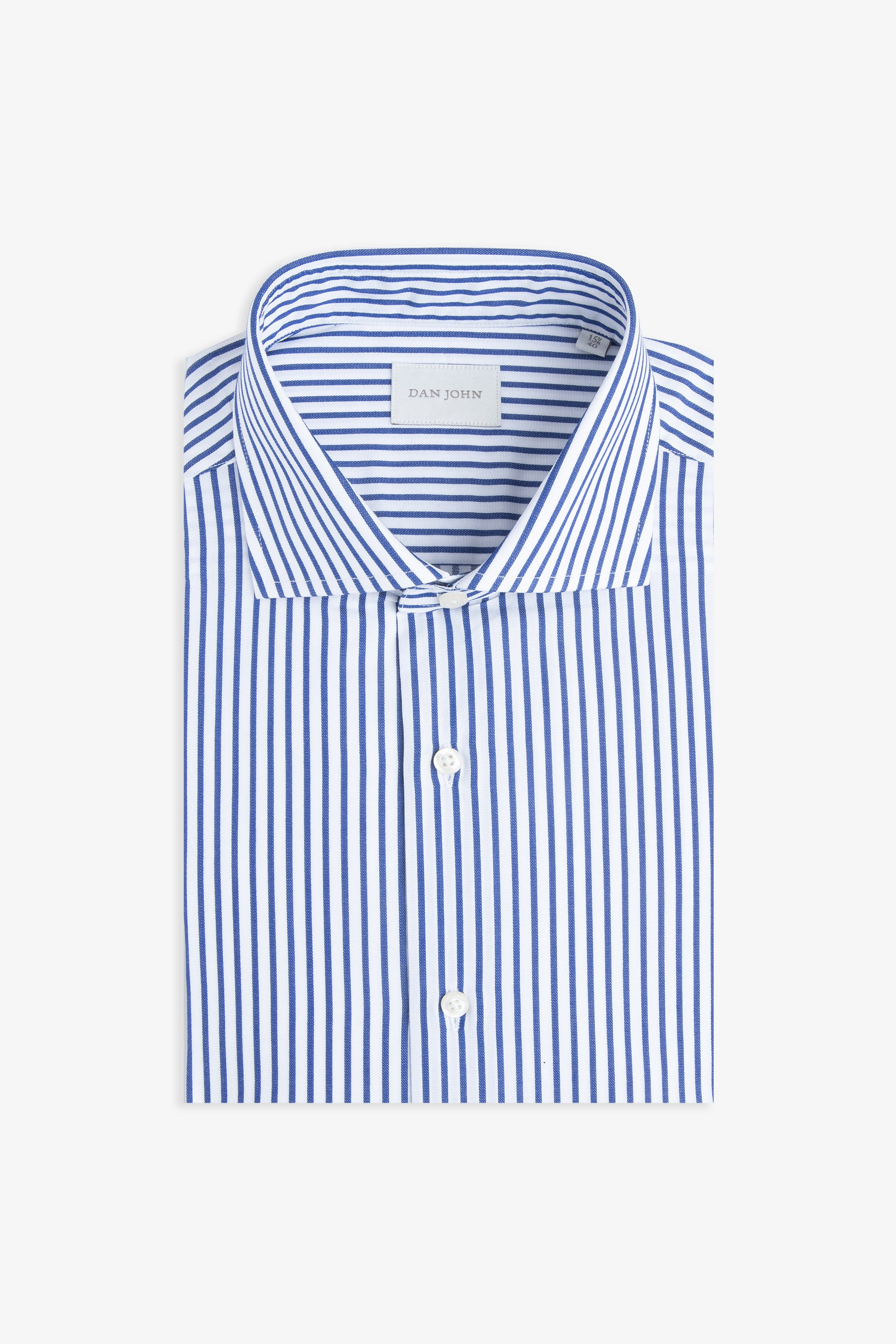 Folded white and royal blue striped men's dress shirt with a spread collar and white buttons on the placket.