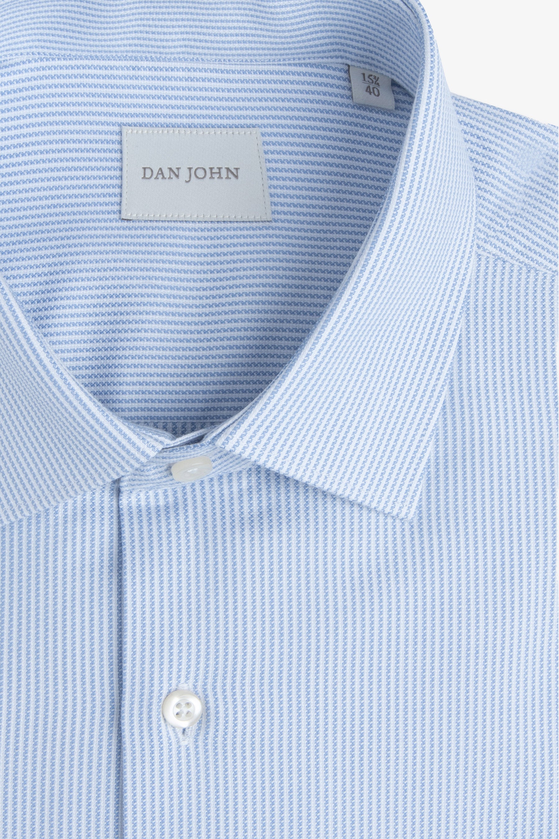 Light blue collared shirt with fine white textured vertical stripes and white buttons.