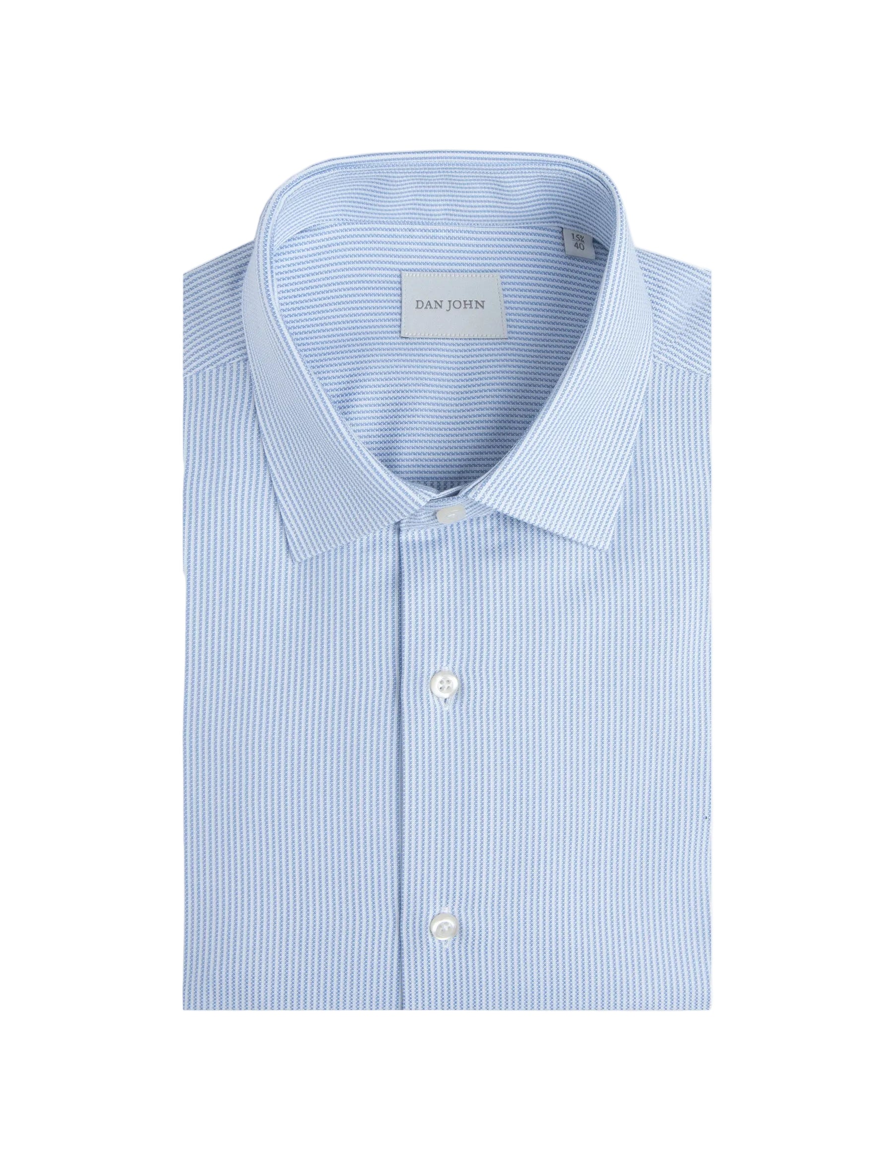 Light blue men's basic shirt with a fine textured vertical stripe pattern, classic collar, and white buttons, folded neatly.
