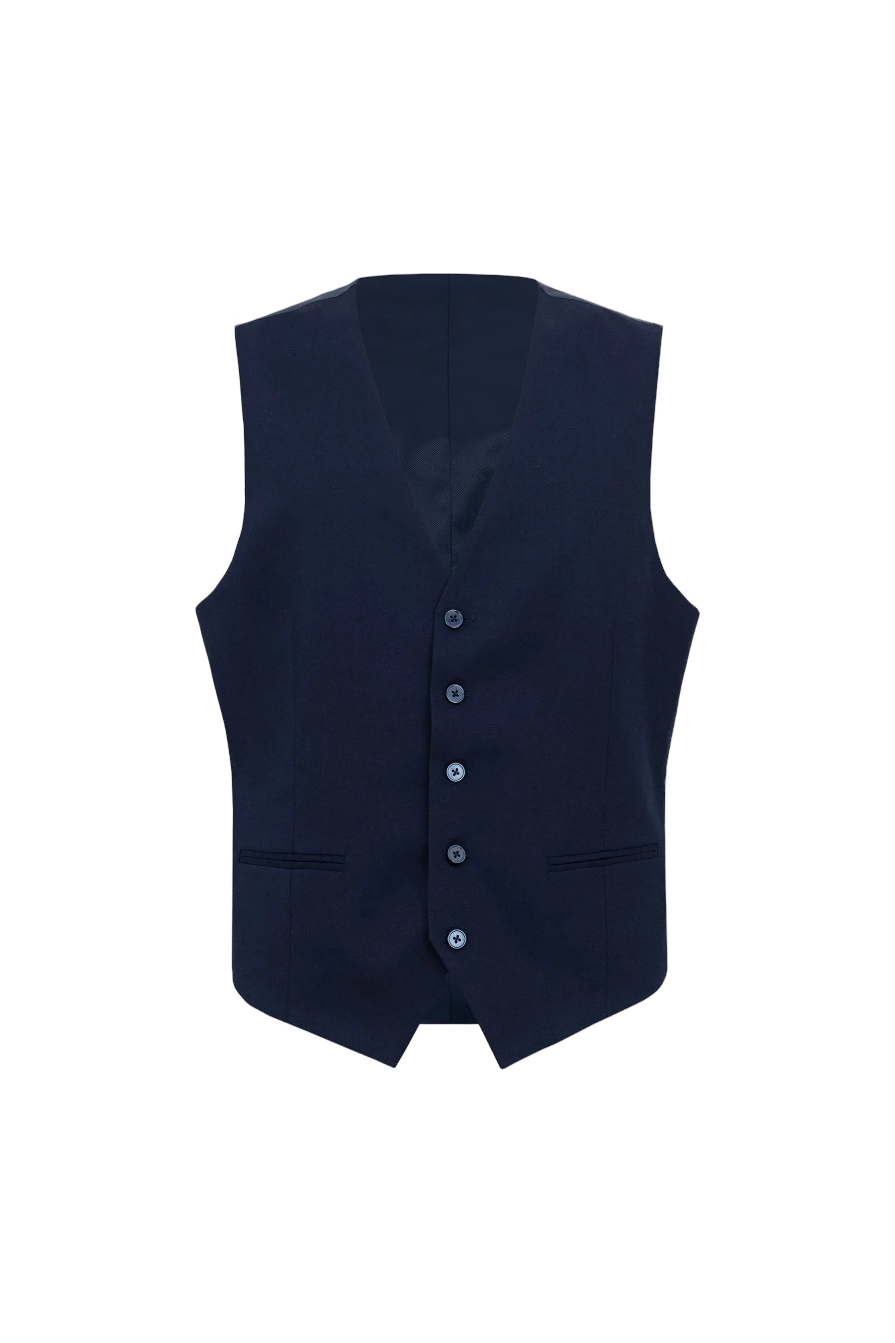 Dark navy blue men's tailored V-neck vest with five front buttons and two horizontal welt pockets.