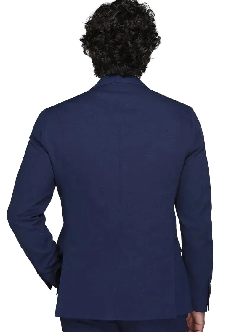 Dark blue modular jacket with a notched collar and long sleeves, made of smooth fabric, seen from the back.