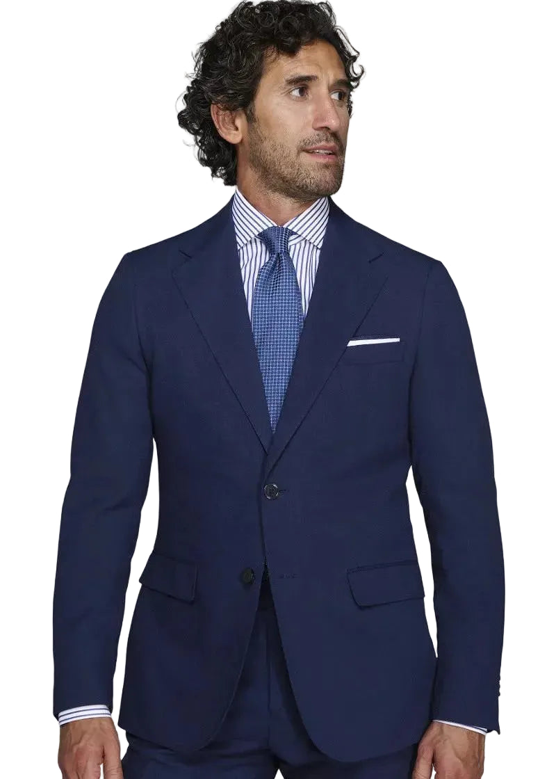 Navy blue single-breasted men's blazer with notched lapels, two-button closure, and flap pockets.