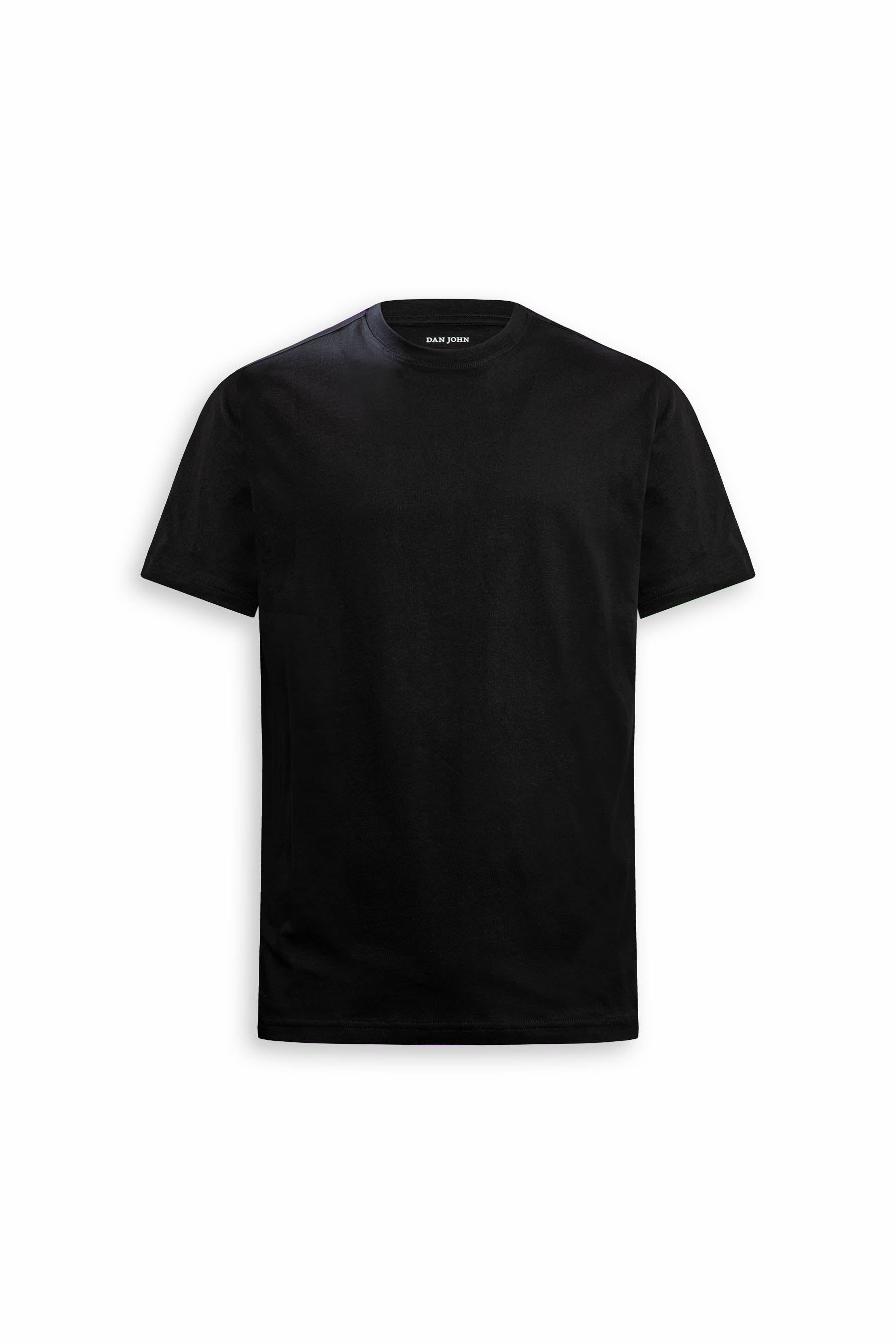 Black men's short sleeve t-shirt with a ribbed crew neck. 'DAN JOHN' is printed on the inside back collar.
