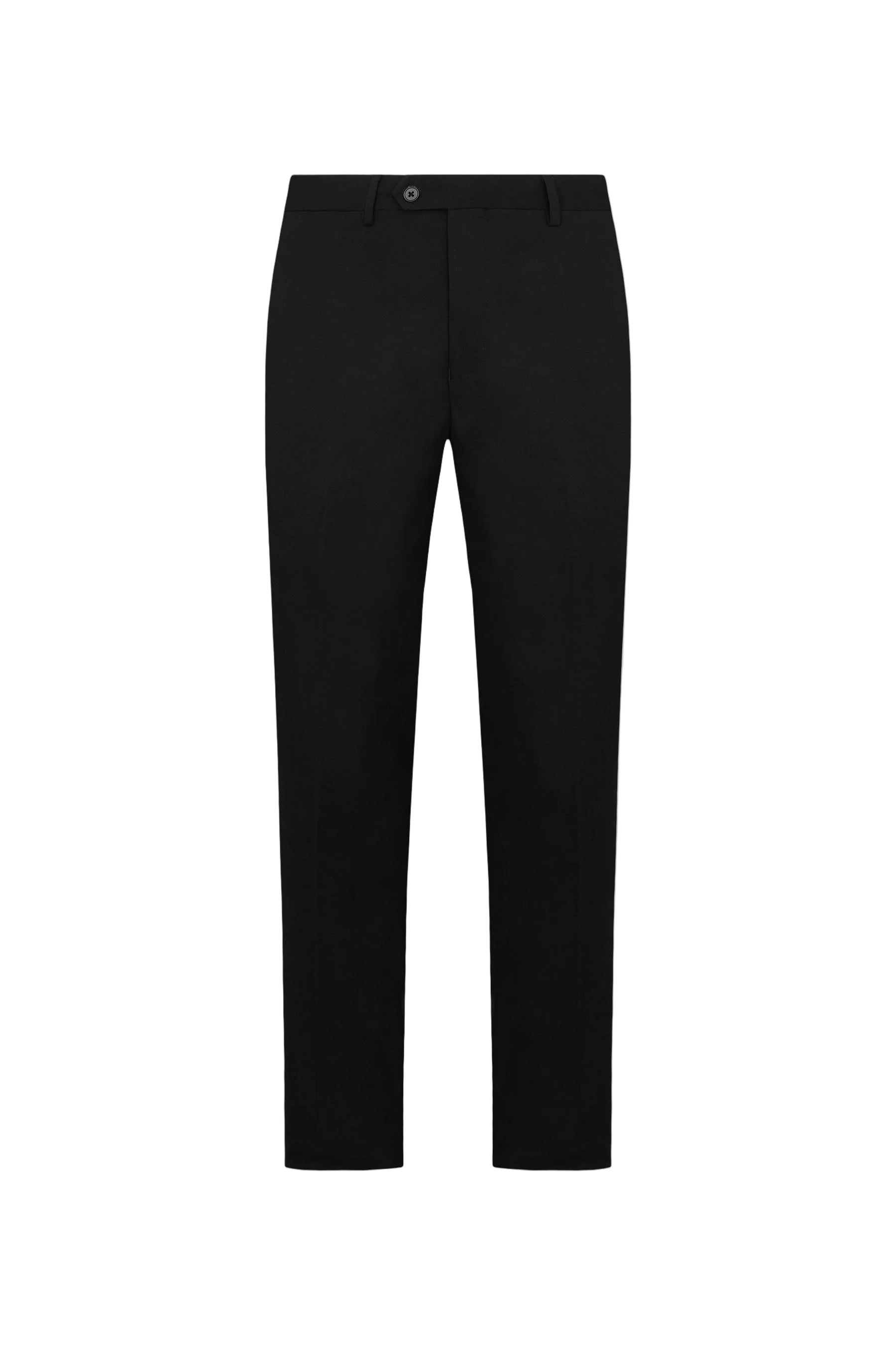 Black tailored pants with a flat front, belt loops, and a single dark button closure at the waist.