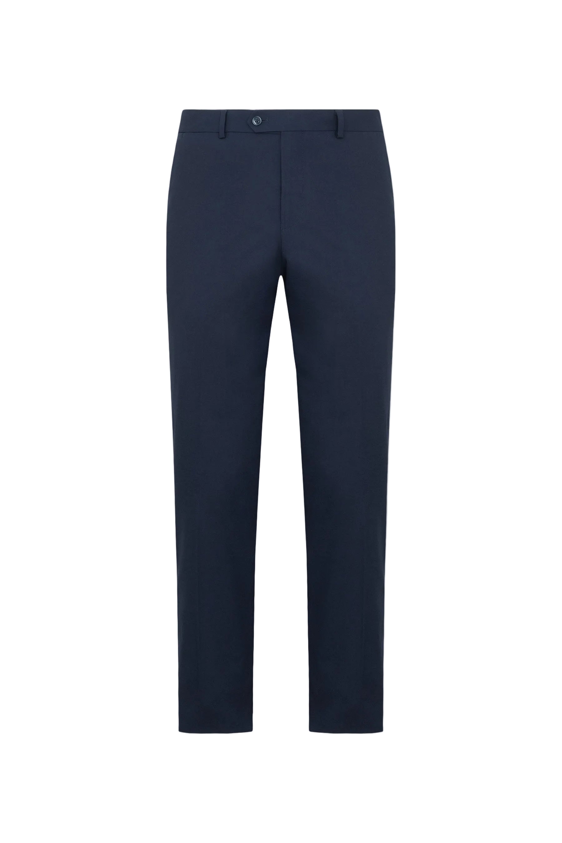 Navy blue flat-front dress pants with a single dark button closure at the waist and belt loops. Smooth fabric, straight leg.
