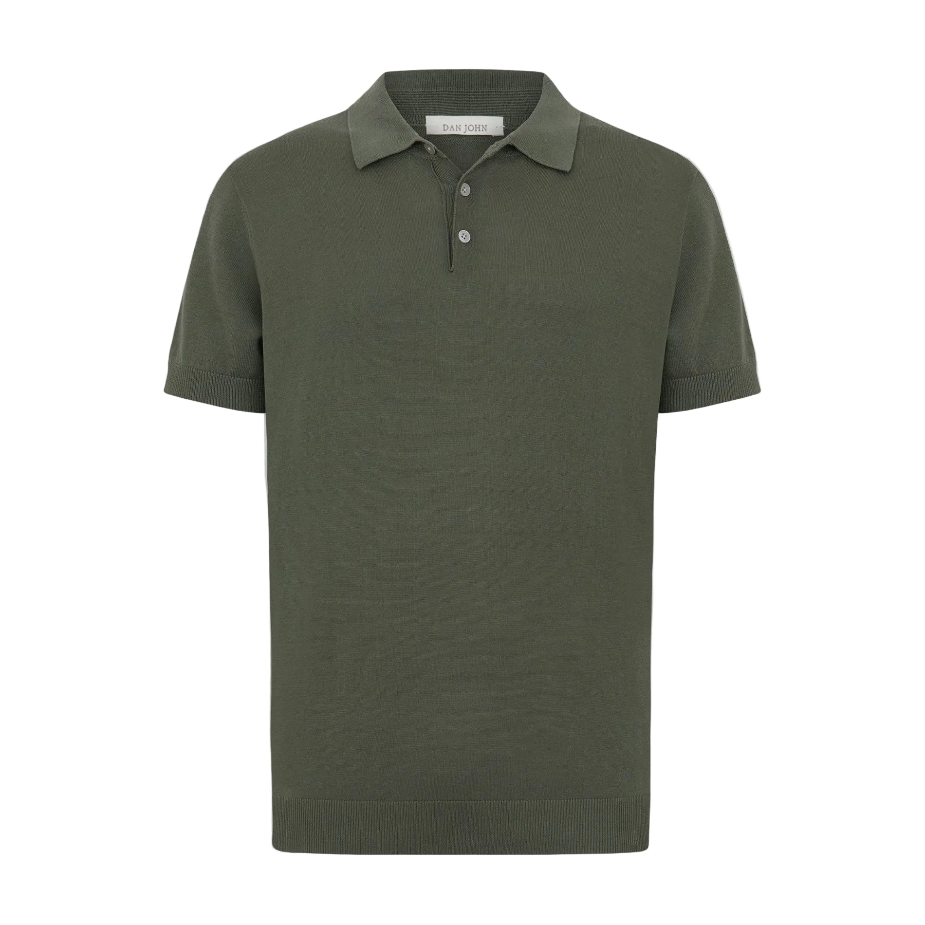 Olive green short-sleeved knit polo shirt with a classic collar and three-button placket.