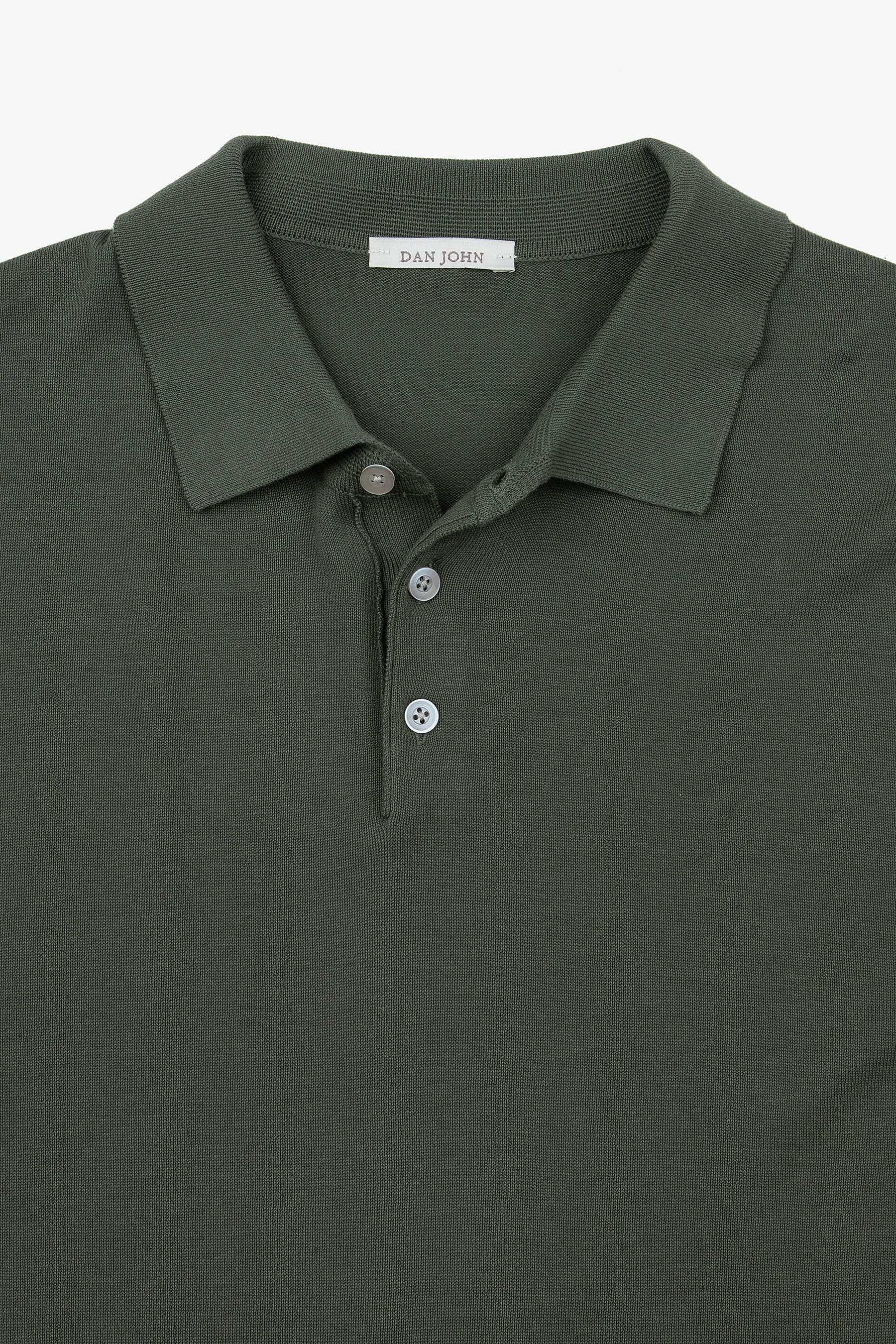 Dark green knit polo shirt with a ribbed collar and a three-button placket featuring light buttons.