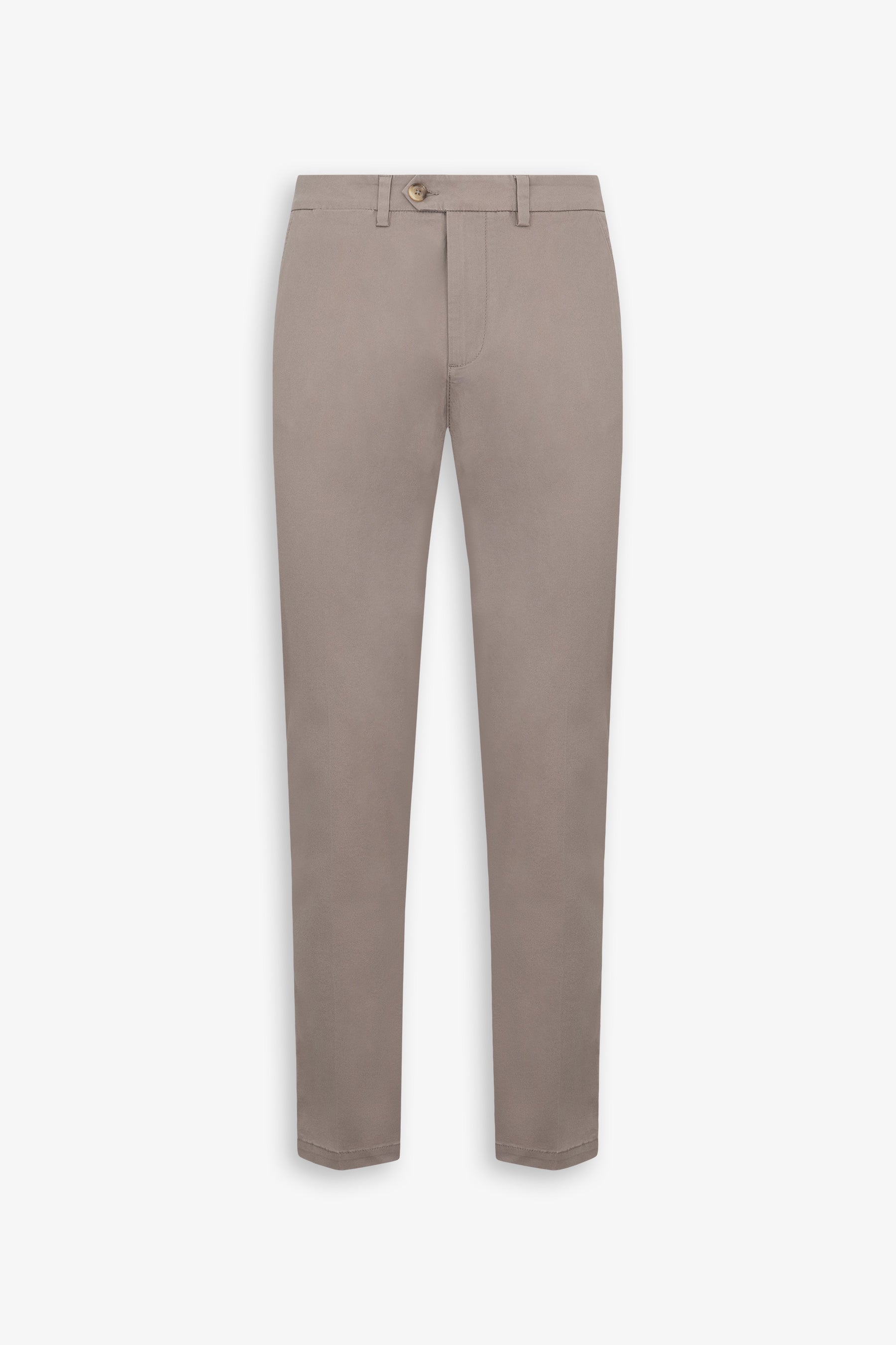 Taupe flat-front trousers with a light brown button closure, zipper fly, and belt loops. Smooth fabric.