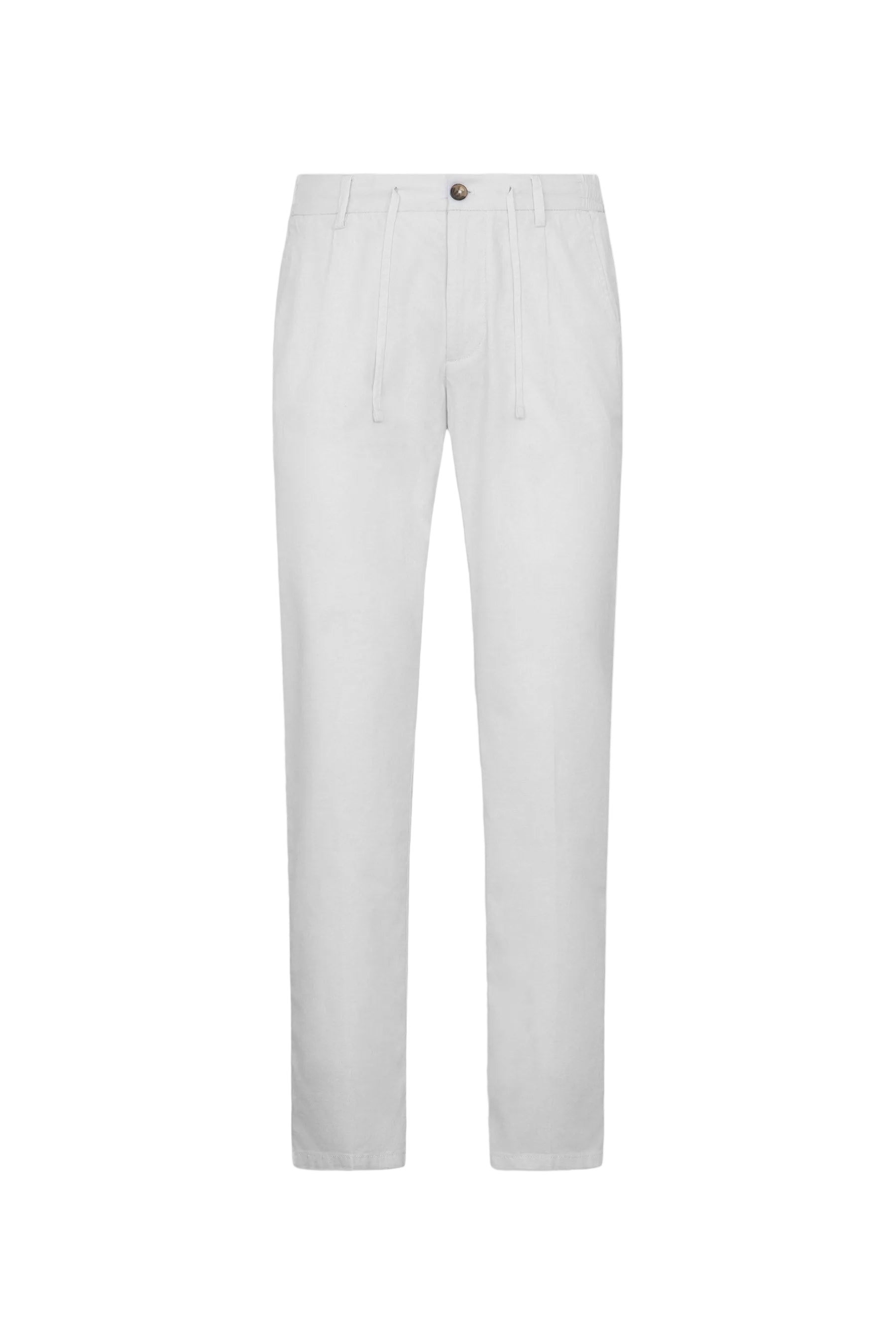White straight-leg trousers with a drawstring waist, a brown button closure, and belt loops.
