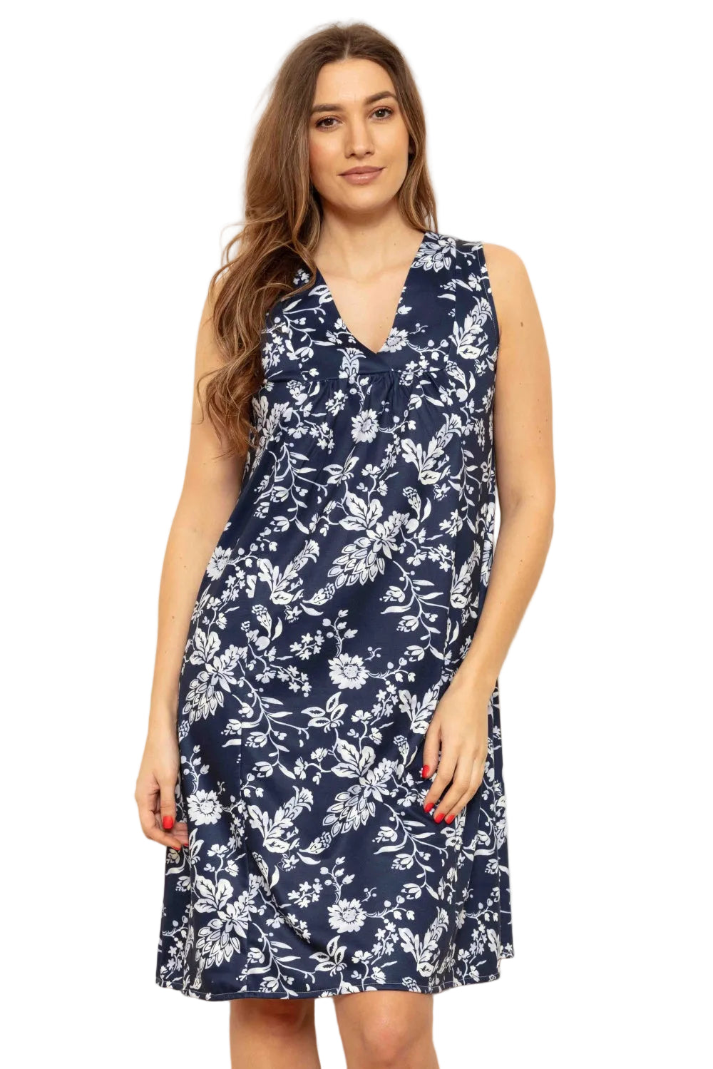 Midnight blue sleeveless V-neck dress with a white botanical fern pattern and gathered front detail.