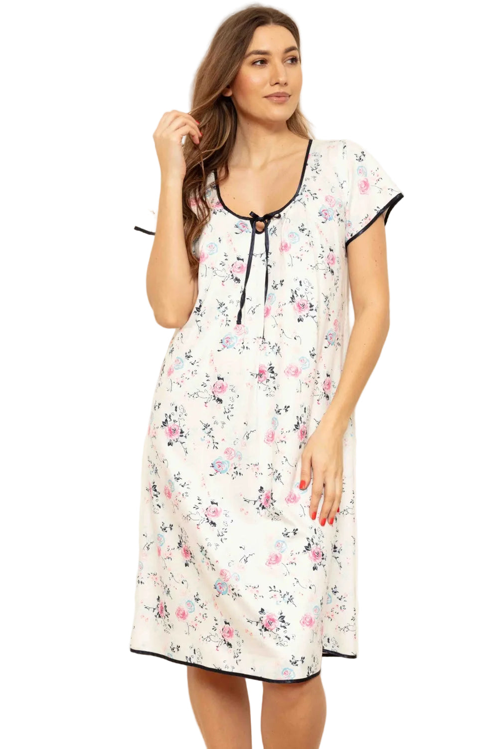 Cream cottonfleece cap sleeve nightdress with a pink and blue English rose floral print and dark contrasting trim.