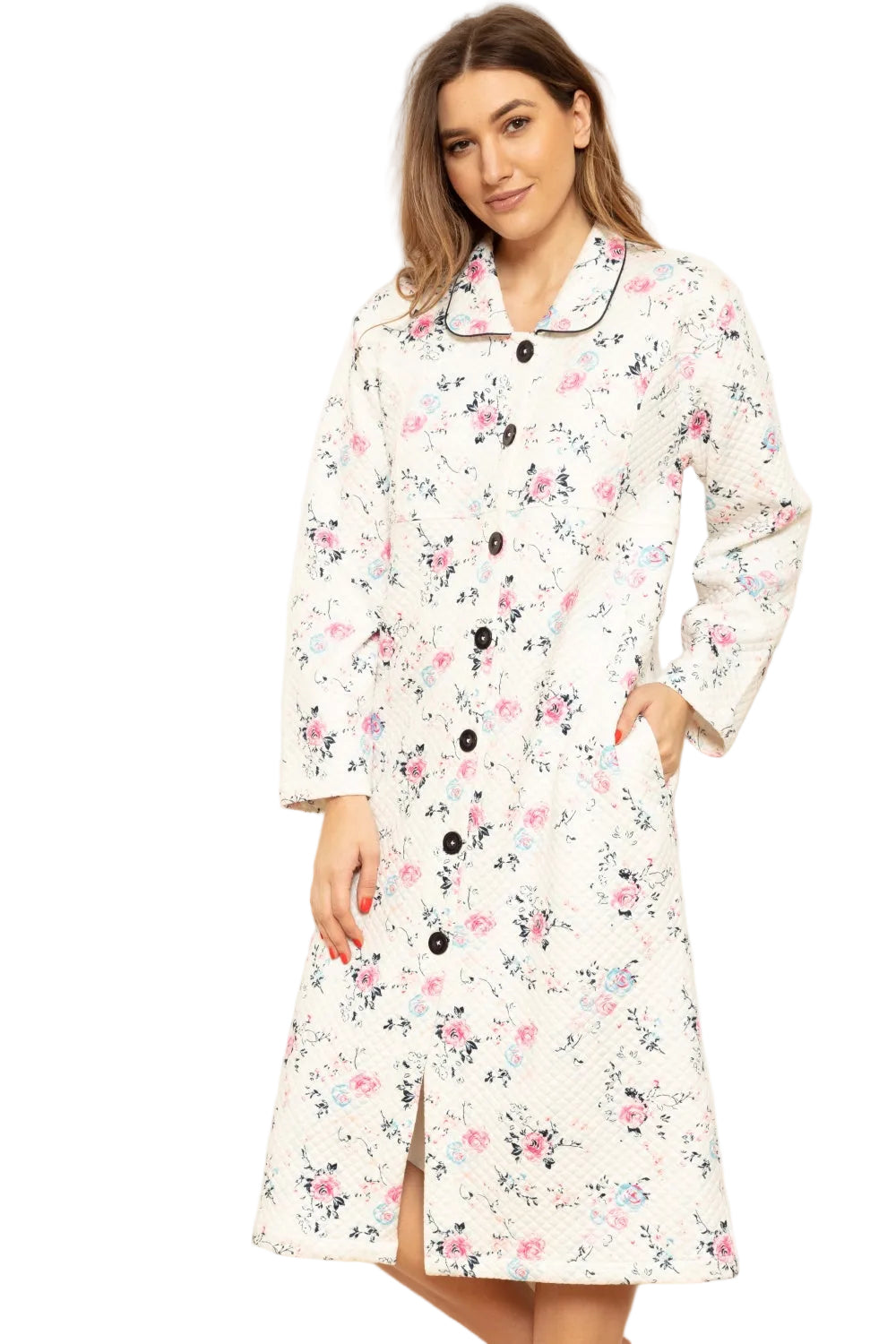 Cream and pink quilted floral button-front robe with a spread collar, long sleeves, and two front pockets.