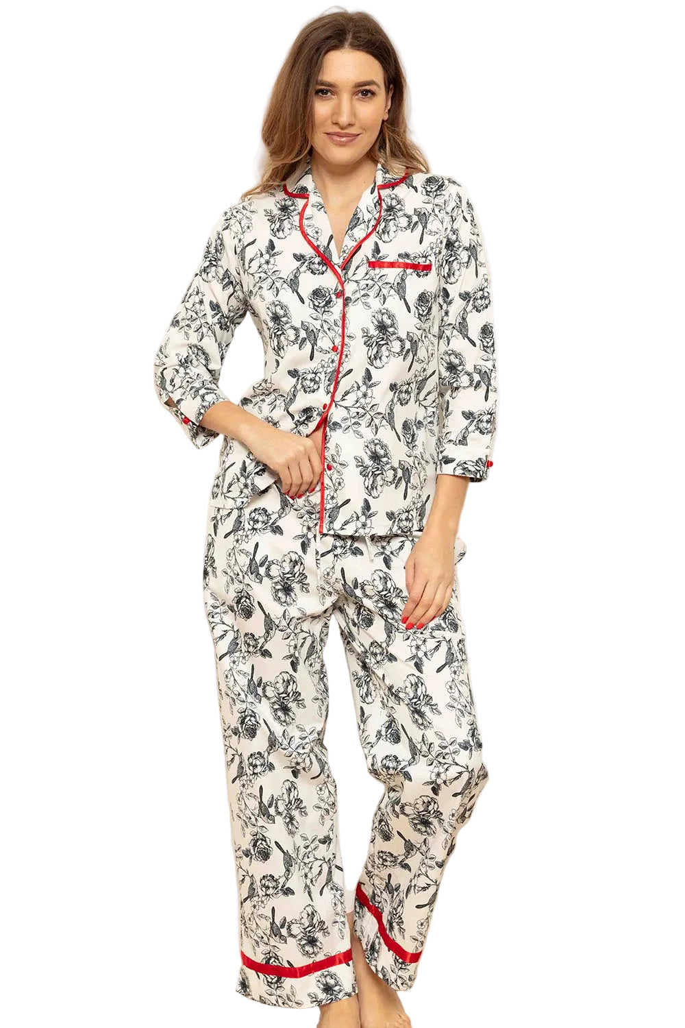 White and navy floral and bird patterned brushed poplin pyjama set with red piping and buttons.